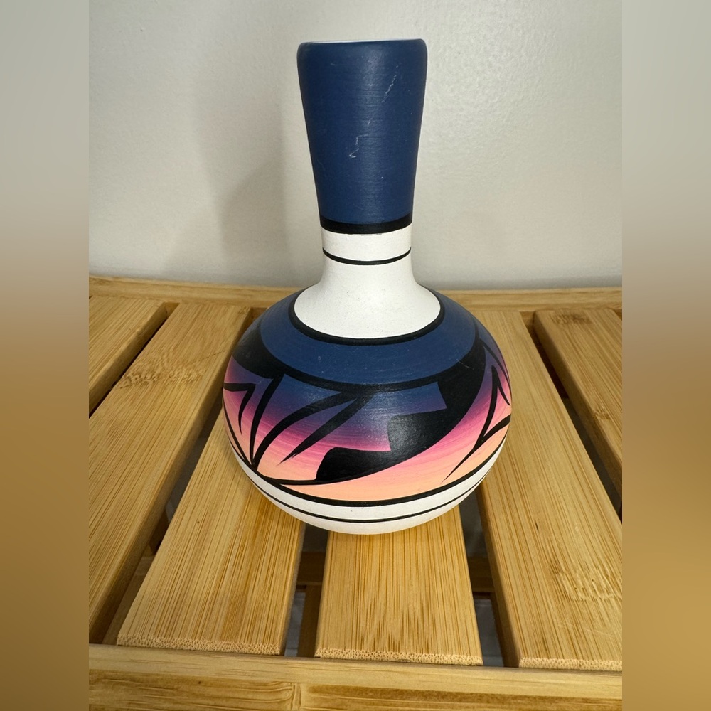 Hand painted Navajo Native American ceramic vase blue, pink & orange